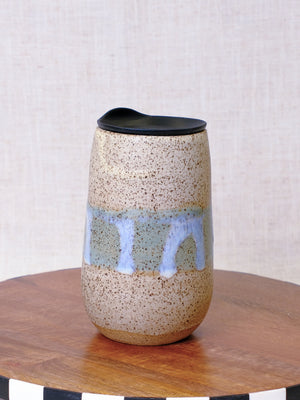 Speckled White and Blue Cocktail Tumbler with Black Silicone Sipping Lid